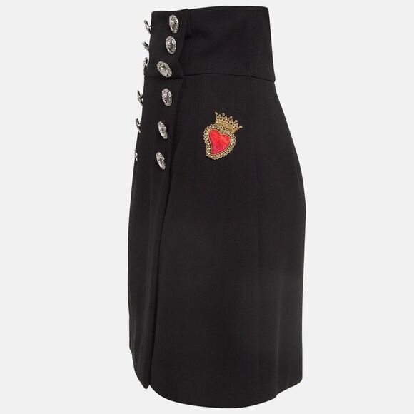 Dolce & Gabbana Black Applique Gabardine Button Detail Mini Skirt XS - Picture 2 of 4